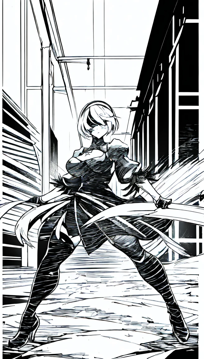 (1girl), Black and white manga, manga art style, manga lineart style, 2B \(NieR:Automata\), character 2B from NieR:Automata, good anatomy, masterpiece, high resolution, high res, high quality, full art panel, full body panel, full body full art panel, highly detailed, destroyed city scape background, thick lines,