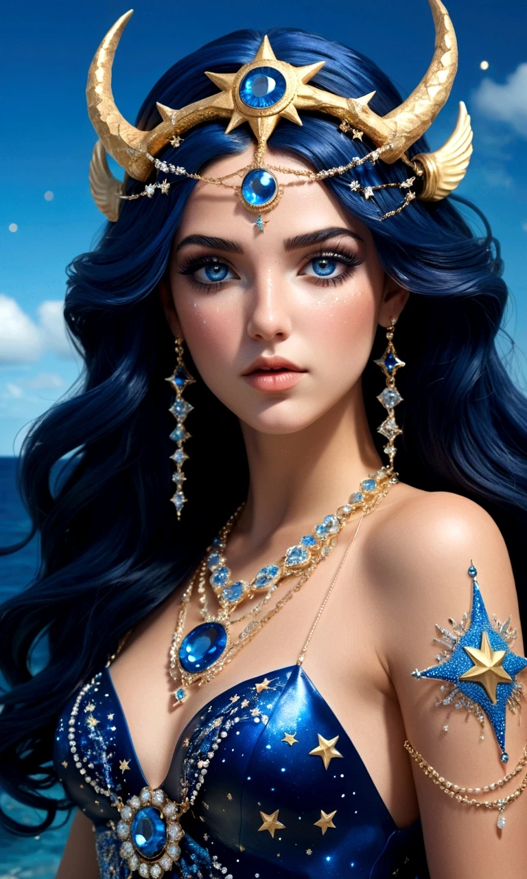 ( High quality , Ultra-detail, carefully with your hand )Zodiac sign - Sagittarius goddess , Similar to Latin goodness . Optimistic, Honest-minded, funny and intellectual face . Reckless, Kaltherzig, impatient, Exuberant style . dark blue eyes (eye detail) , deep blue hair with bling-bling , Transparent dress , in the ocean with stars , full entire body , Feuer-Make-up-Look , Gott Chiron