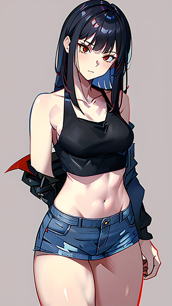 18 year old young girl, red hair with gray lines, red-eyed with gray, black leather jacket, short white shirt, hot blue short jean shorts, aura around the body dark red, serious look, sexy, with fringe