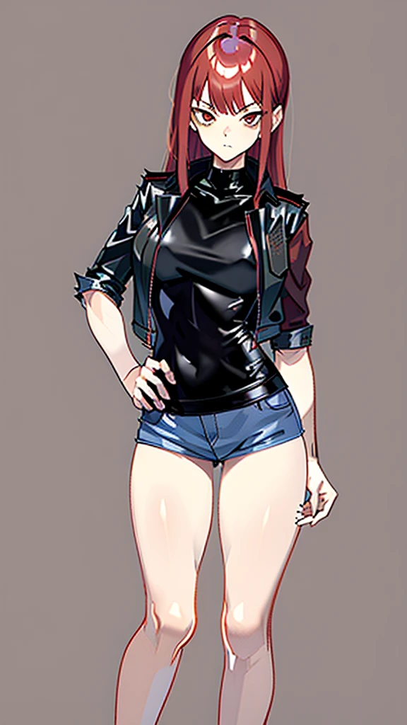 18 year old young girl, red hair with gray lines, red-eyed with gray, black leather jacket, short white shirt, hot blue short jean shorts, aura around the body dark red, serious look, sexy, with fringe