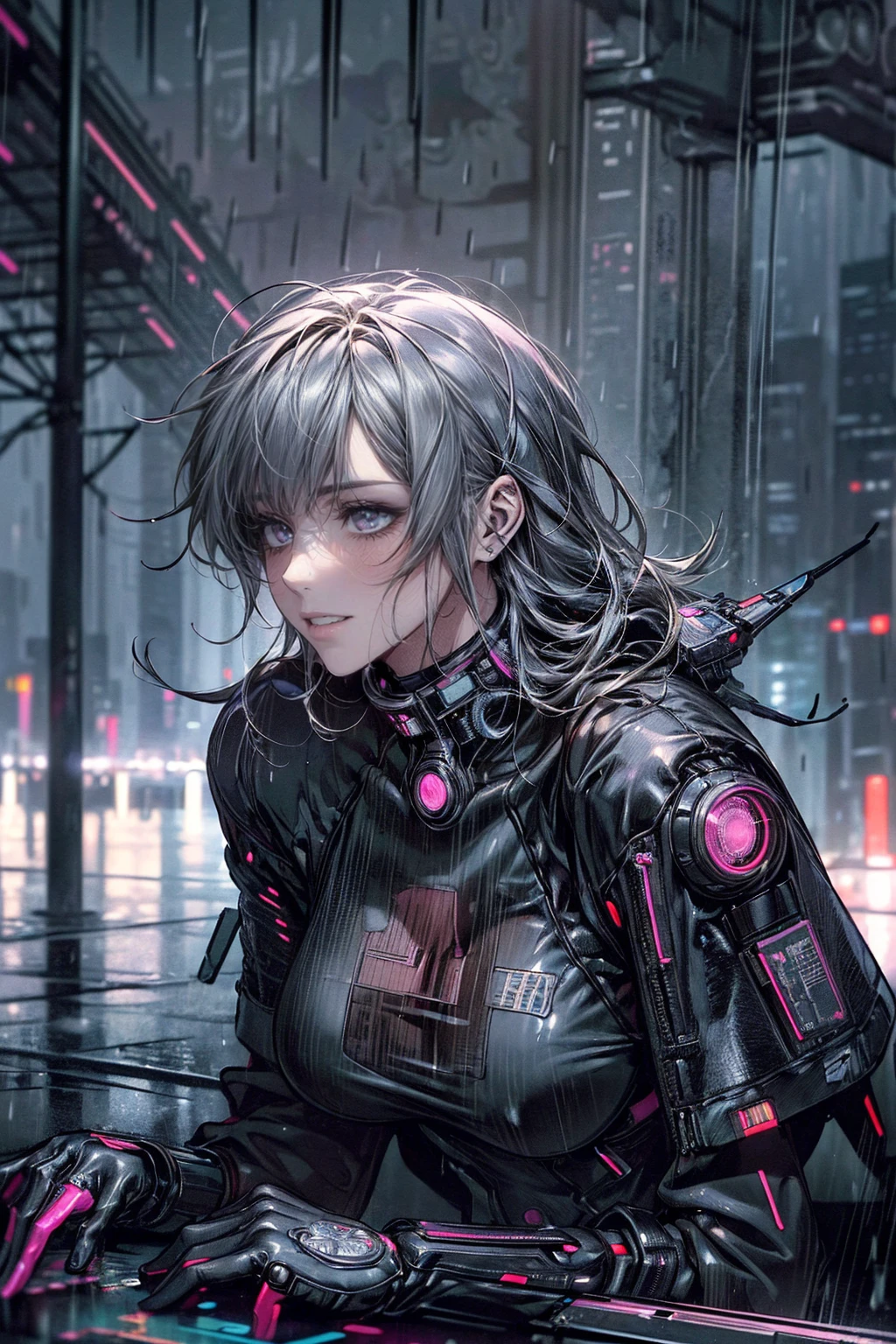 nsfw、(masterpiece, Highest quality, Super detailed:1.3), Perfect composition, 4K, (Very detailed, Super detailed),(Rainy cyberpunk night city:1.5), (Brown full-body tights)、Wear a white swimsuit over tights、White sheer long latex gloves、Transparent long latex tights,(The skin is slightly visible)、 High resolution, 8k Texture, Attention to detail, Very detailed肌の質感, Magnificent details, High Sharpness, One girl, (Fine grain:1.3), (25-year-old woman:1.3),(A smile that lowers the corners of the eyeouth showing teeth、((Rain makes me wet))
