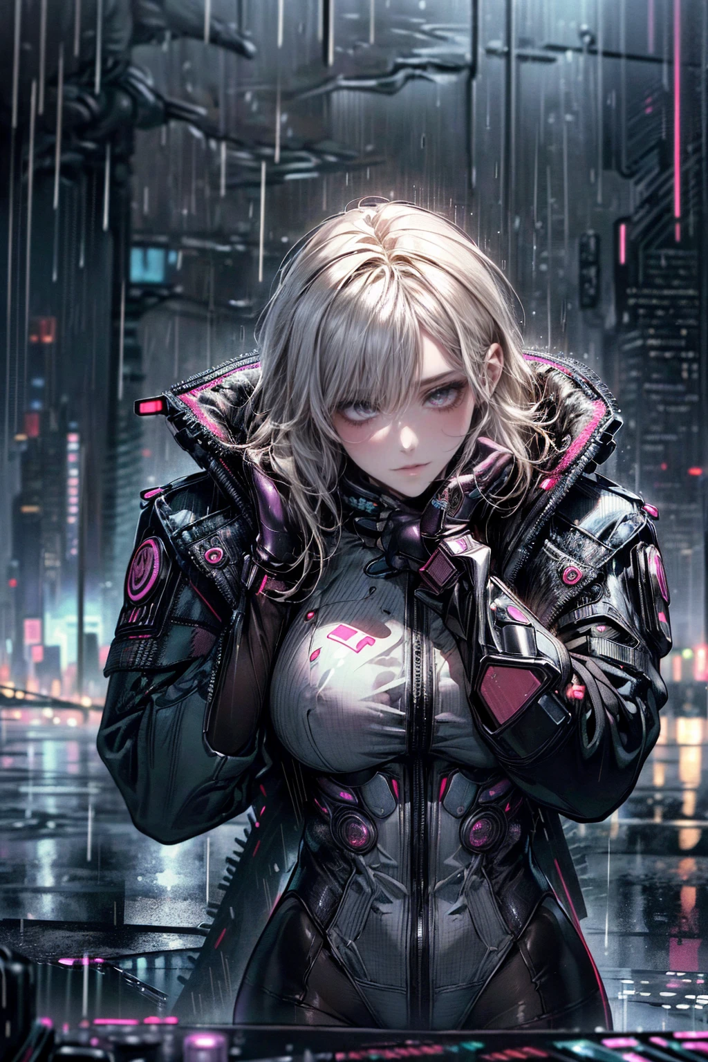 nsfw、(masterpiece, Highest quality, Super detailed:1.3), Perfect composition, 4K, (Very detailed, Super detailed),(Rainy cyberpunk night city:1.5), (Brown full-body tights)、Wear a white swimsuit over tights、White sheer long latex gloves、Transparent long latex tights,(The skin is slightly visible)、 High resolution, 8k Texture, Attention to detail, Very detailed肌の質感, Magnificent details, High Sharpness, One girl, (Fine grain:1.3), (25-year-old woman:1.3),(A smile that lowers the corners of the eyeouth showing teeth、((Rain makes me wet))
