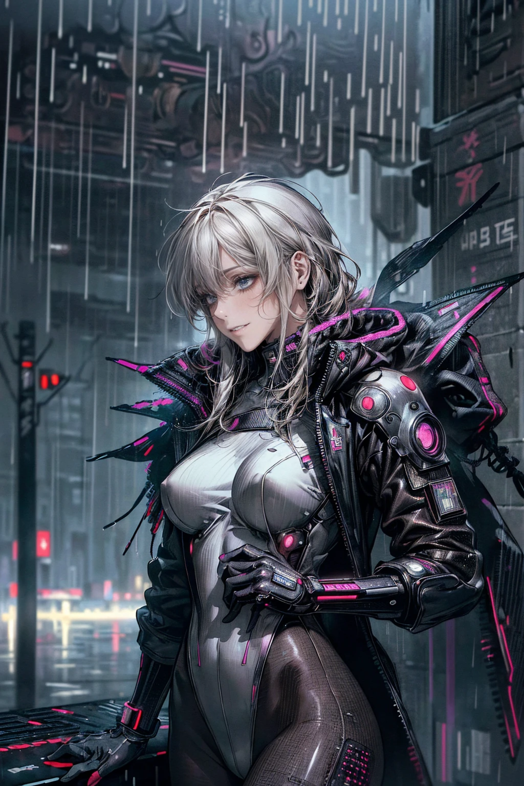 nsfw、(masterpiece, Highest quality, Super detailed:1.3), Perfect composition, 4K, (Very detailed, Super detailed),(Rainy cyberpunk night city:1.5), (Brown full-body tights)、Wear a white swimsuit over tights、White sheer long latex gloves、Transparent long latex tights,(The skin is slightly visible)、 High resolution, 8k Texture, Attention to detail, Very detailed肌の質感, Magnificent details, High Sharpness, One girl, (Fine grain:1.3), (25-year-old woman:1.3),（A smile that lowers the corners of the eyeouth showing teeth、((Rain makes me wet))