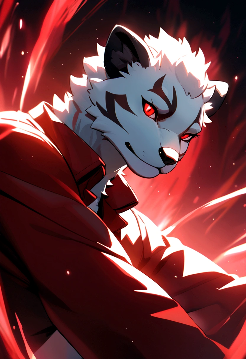 Furry man in red jacket, white fur, red eyes, black ears and a red aurora covering him