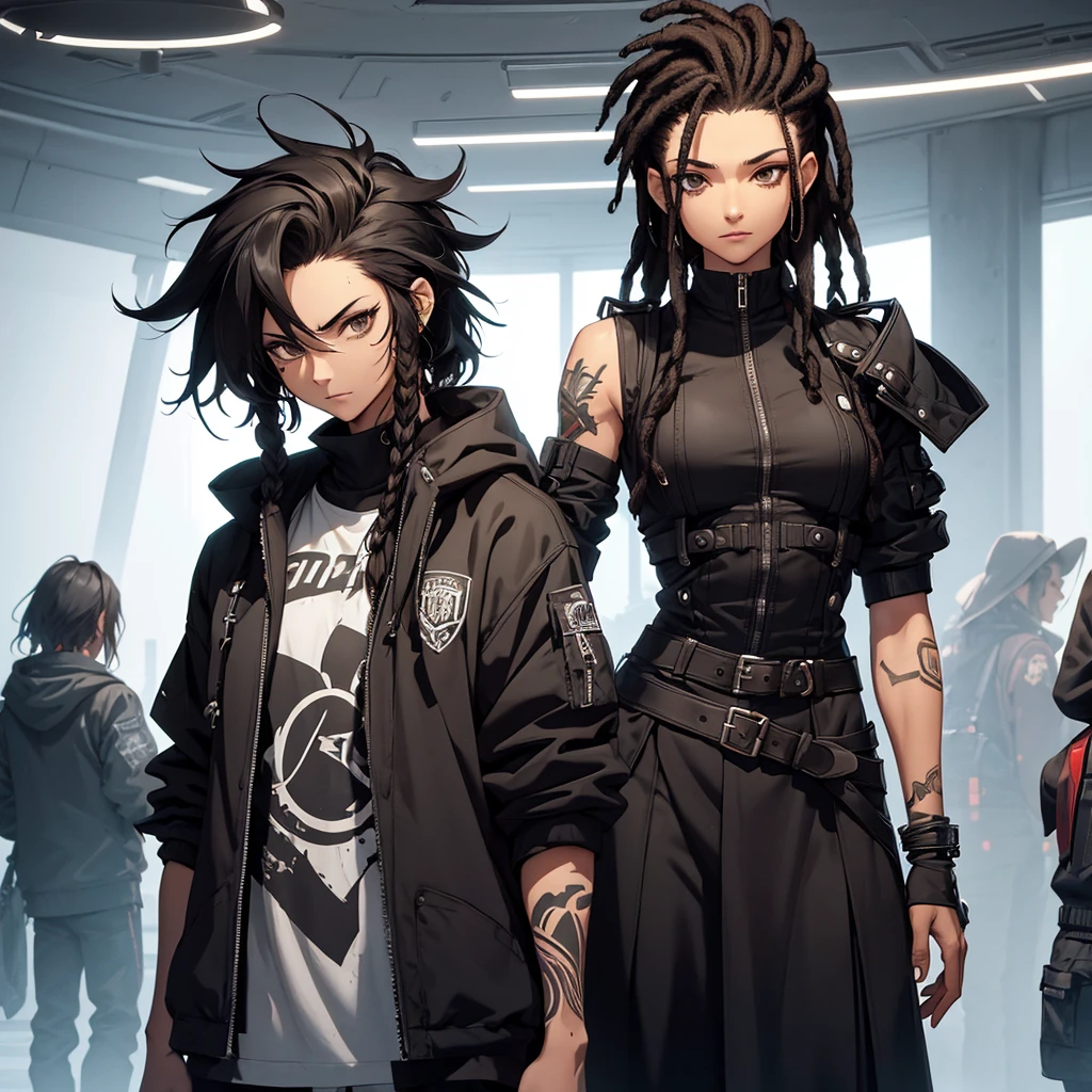 female character. just one character in the image. short black hair with dreads. brown black eyes. His clothes are heavy and black, a more social outfit. It is in a futuristic setting. Below the eyes he has tattoos, like paintings.