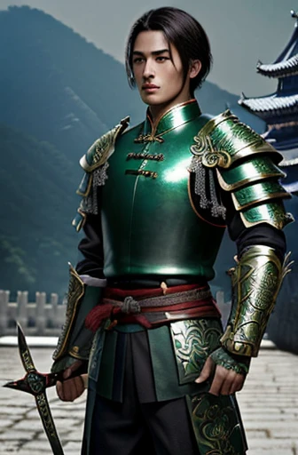 (Young man with ancient Chinese hairstyle)、whole body ,(green metal armor, metal dragon head on the shoulder, Holding a sword, (Skin of color, ),(green metal armor with intricate pattern:1.2), gloves, Long trousers, (Very detailed, bloom:1.5), (Highest quality, Concept Art, 4K),, (high sharpness), (Detailed pupil:1.1),  Detailed face and eyes, masterpiece, Highest quality, (Very detailed写真:1.1), 8K, photoRealistic, (Dark Hair, Dynamic Short Hair), (PurerosFace_v1:0.2), [:(Detailed face:1.2):0.2], sharp, Realistic, Realistic Shadow, (Chinese castle background:1.2), 