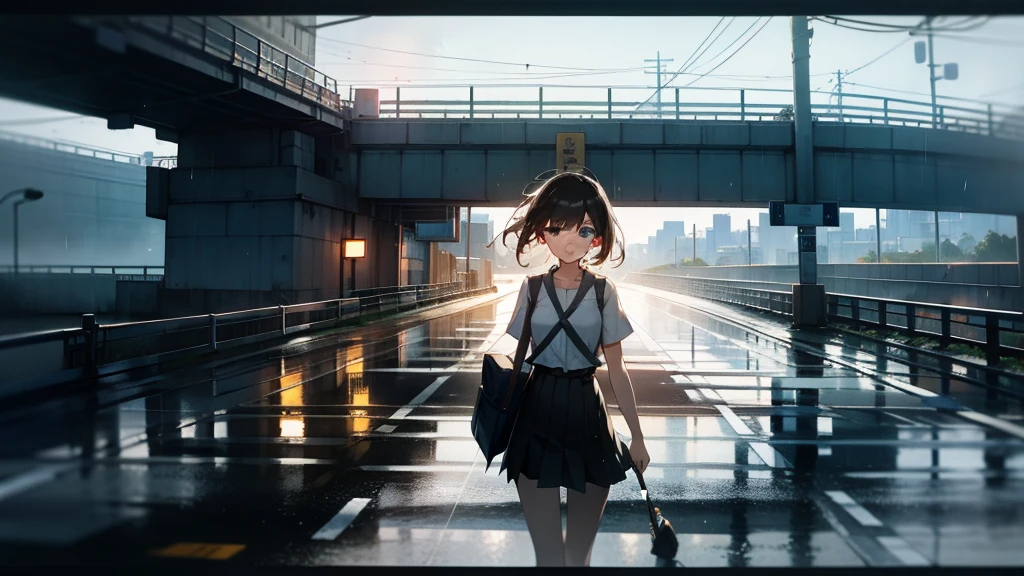 Girl on the road overpass,Early in the morning,It was just raining lightly,Clear air,Sunlight and rainwater on the road reflect off the buildings,The screen is displayed from top to bottom,Background in cool tones
