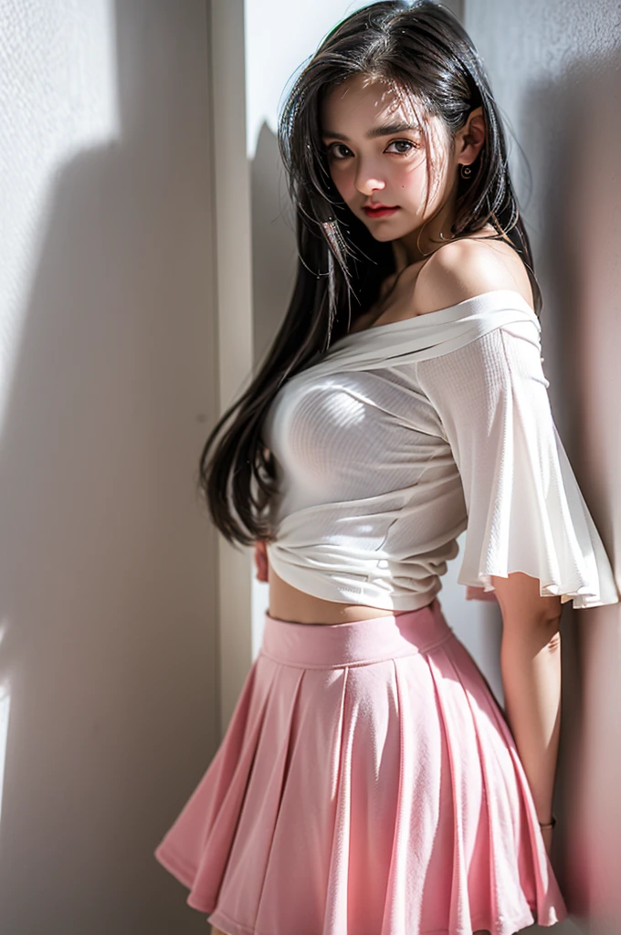 (Girl Standing In Bathroom)，Wet，Attractive eyes，Heartwarming action，Please turn away from the camera，Bent over，bend over，Turn back，Look up your head，Thick and long hair，Highly detailed body，Highly detailed face，Highest quality,(Off-the-shoulder white blouse),、(No skirt),(Pink panties are visible)