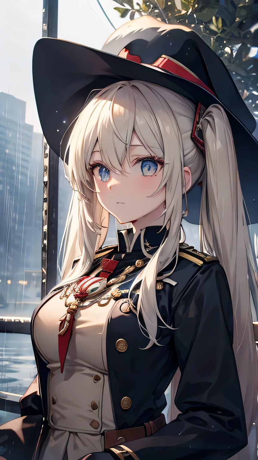 ((best quality)), ((masterpiece)), (detailed face and eyes), detailed hands and fingers, perfect face, accurate, textured skin, high details, gradient hair, hair between eyes, twintails, big hair, hair over eyes, anime, sparkle, Military uniform, military medal, medal, American Revolutionary War era officers, US Army, Background (battlefield), dusty wilderness, ((Heavy rain, torrential rain)), standing there soaked in the rain, soaked, Composition (looking up from above), cowboy shot