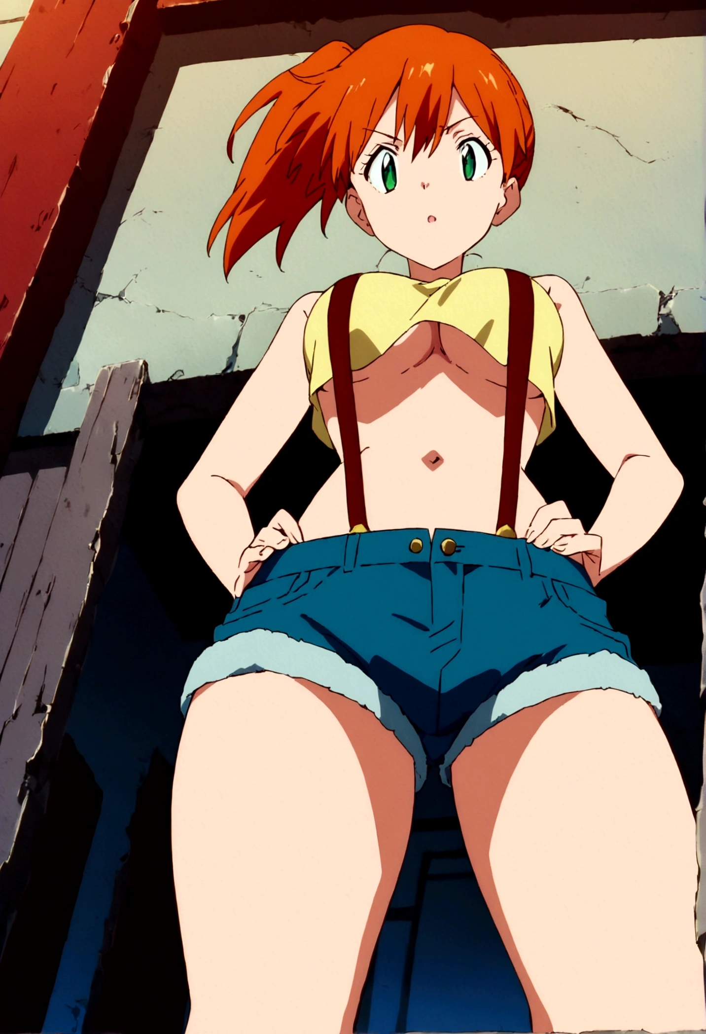 score_9,score_8, score_7_.superior,from below, (Insect's Eye)., (mature) , (outcome), One girl, , , Outdoor, Green Eyes, Orange Hair, Side Ponytail, Yellow Shirt, Sleeveless shirt,belly button, Denim shorts, suspenders, Captivating look, Seductive expressions),(under_boob),,(shirt pull),hands on own hip,great lighting, perfect hands, detailed shadows,anime artwork, anime style, key visual, vibrant, studio anime,
highly detailed, anime coloring, masterpiece, best quality,
best aestethic, absurdres,