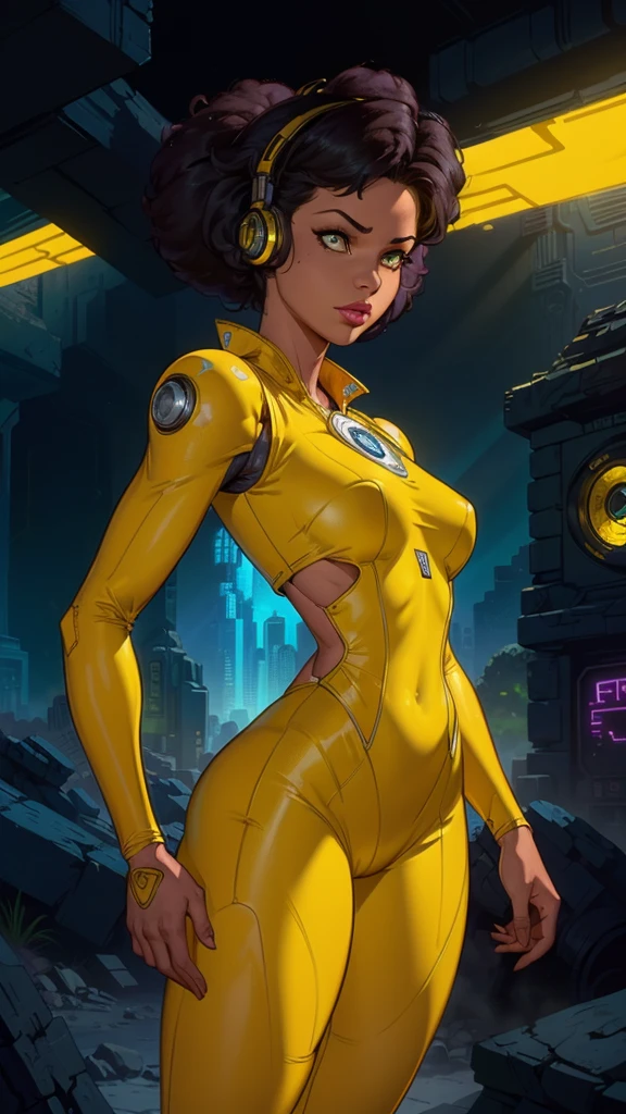 (The best quality,A high resolution,Ultra - detailed,actual),Selena Gómez with headphones on and a (yellow outfit:1.4) , (afrofuturism style:1.4) , afrofuturism, rossdraws | afrofuturism, Beeple. hyperrealism, (style hybrid mix of Beeple:1.4) , cinematic Beeple, realism | Beeple, afrofuturistic, Beeple daily art, cyberpunk art ultrarealistic 8k, cyberpunk vibrant colors,(Selena Gómez :1.4), (cinematic lighting :1.4), (perfect  :1.4), ,(Fondo de ruinas de mazmorra en ruinas cyberpunk :1.4 ), (pose dinámica vaquero), (face detailed Selena Gómez :1.4), (Five Fingers, Four fingers and thumb),(cyborg yellow mecánica transparente plastic :1.4), ,(Fondo de ruinas de mazmorra en ruinas:1.4 )