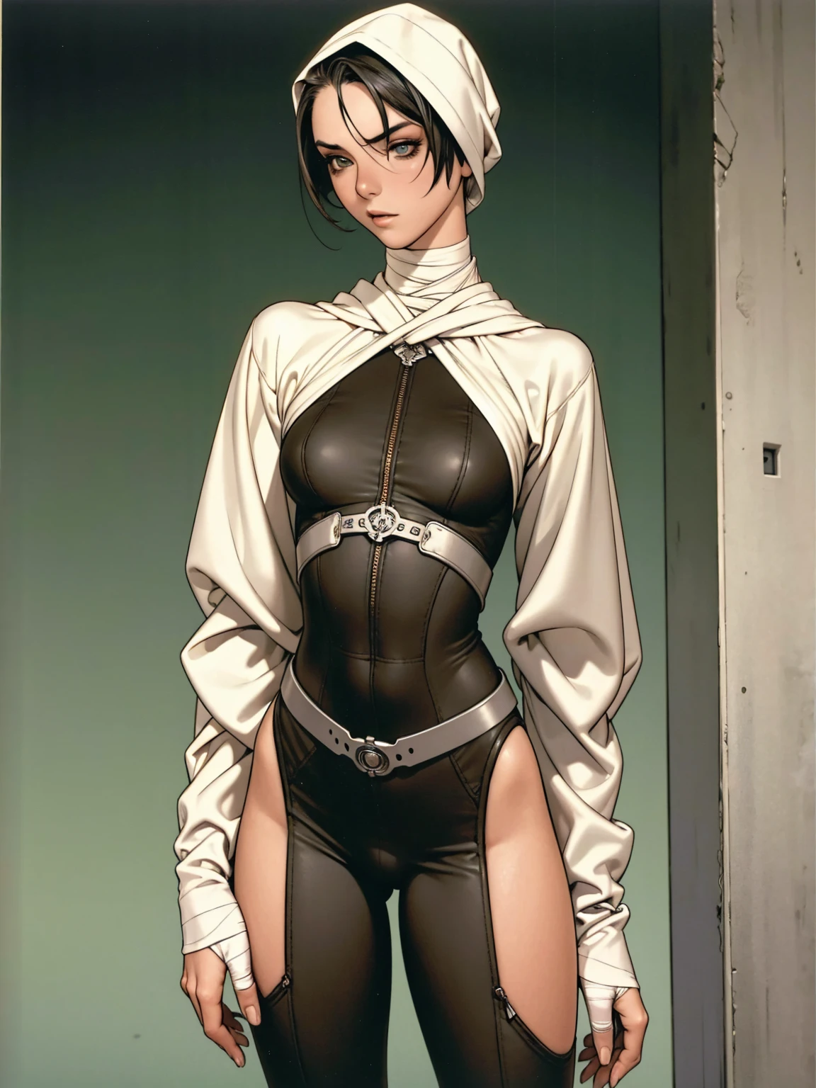 (((Annie Lennox))), ((( mint and coffee ))), (scars), (((Bandaged body))), ((high collar)), (((Quorra))), (((best qualityer: 1.4))), (Unbeatable masterpiece), (hiper HD),(CG 8k hyper-realistic), (((brave face))), (((breasts big))), (((hyper feminine))), sexly girl, Tron,(black bob hair)), ((( sculptural body ))), (((1 Kizi))), Kizi cibernética de 25 anos com perfectbody,,Beautiful and well-groomed face,muscular body:1.2,solid color detailed jacket, (Head to thigh photos), Complex equipment, green dark,long pants,Tight clothes are dark,With white stars and off-white stripes,,,,,Armor Metal Electronic Parts, Poison tattoos ) INFO, Kizi, (((standing alone))), pirralha violent, (((14歳))), sexly, pose de atitude, work of art, post-apocalypse, (((manga style))), bounty hunter, violent, Manic, the way you want, slenderbody, thin but strong, perfectbody, roupa moderna, advanced technology, neon, sleeves with vertical striped pattern, neutral background, (( cowboy shot )). in the background a wall with intricate graffiti f