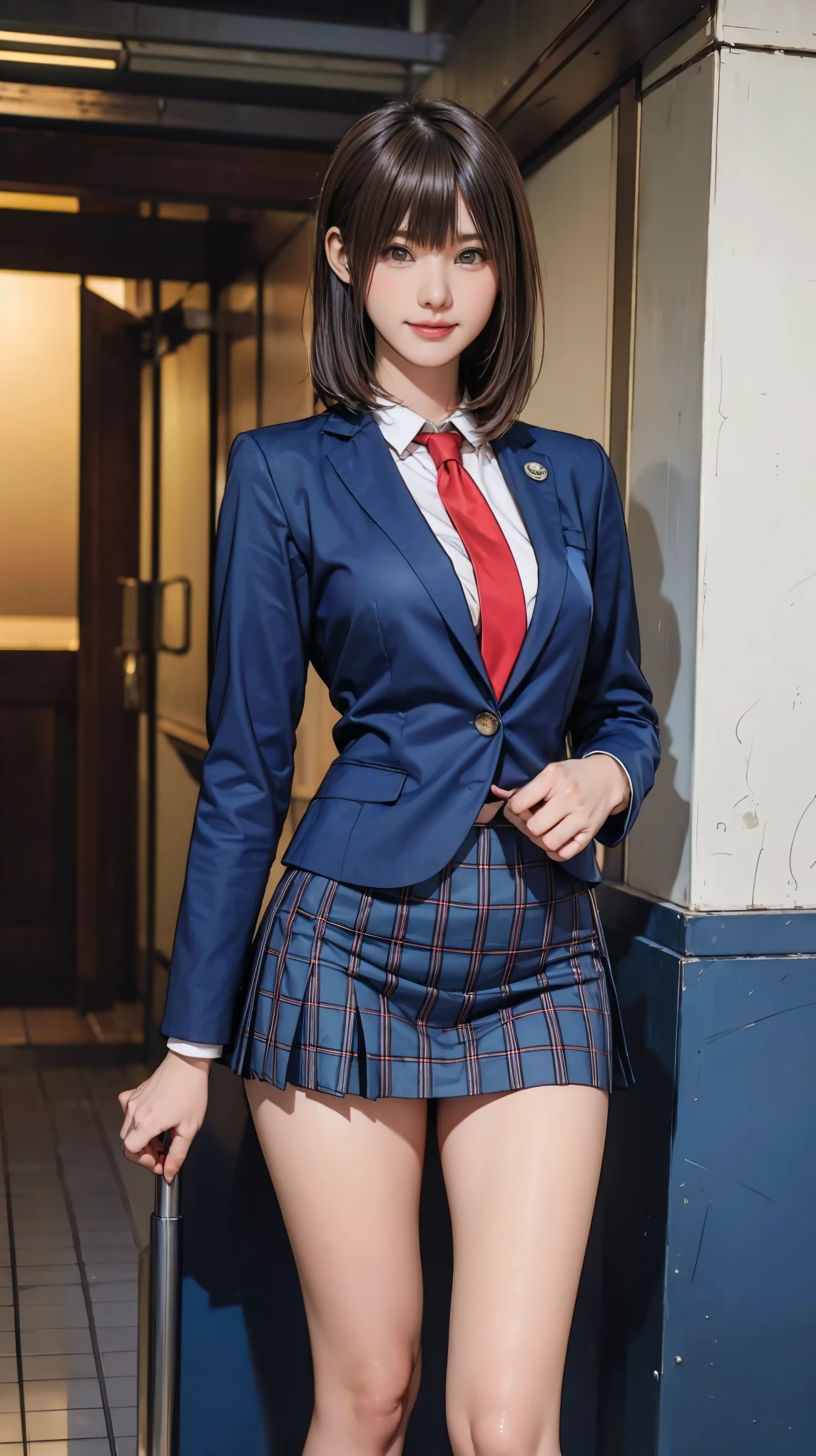 ((masterpiece)),(((Highest quality))),Thin thighs,Long legs,Girl standing in school corridor,Red Tie Uniform,Dark Blue Blazer,Blue plaid skirt,18-year-old,bangs,A small smile,Random Pause，pretty girl，Slender girl，