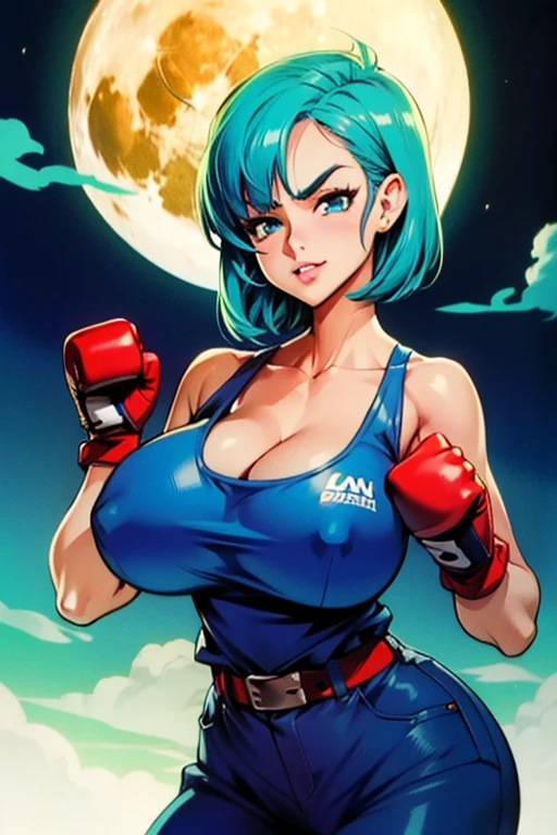 Waifu, masterpiece, curvy, breasts, moon, full moon, gloves, 1girl, clenched teeth, bulma, cleavage, large breasts, teeth, aqua hair, red gloves, tank top, blue eyes, rating:explicit,rule34, hardcore, ,,clenched hands, punching, night, sky, jumpsuit, pants, bare shoulders, blue hair, clenched hand, rating:questionable, short hair, belt, green hair, solo, angry, orange gloves, lip biting(gigantic and massive tits:1.1), breasts, official illustration, illustration, detailed face, beautiful intricate eyes, curvy milf, 1:2), closeup, titsnipples