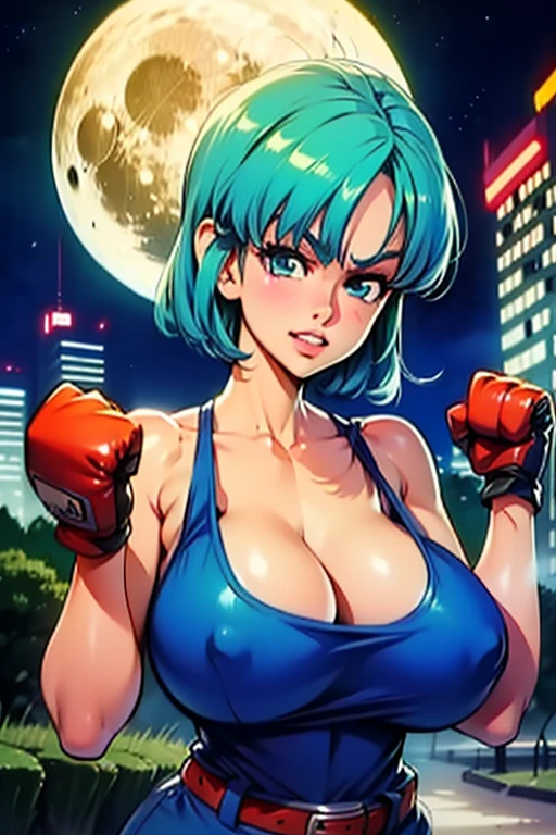 Waifu, masterpiece, curvy, breasts, moon, full moon, gloves, 1girl, clenched teeth, bulma, cleavage, large breasts, teeth, aqua hair, red gloves, tank top, blue eyes, rating:explicit,rule34, hardcore, ,,clenched hands, punching, night, sky, jumpsuit, pants, bare shoulders, blue hair, clenched hand, rating:questionable, short hair, belt, green hair, solo, angry, orange gloves, lip biting(gigantic and massive tits:1.1), breasts, official illustration, illustration, detailed face, beautiful intricate eyes, curvy milf, 1:2), closeup, titsnipples