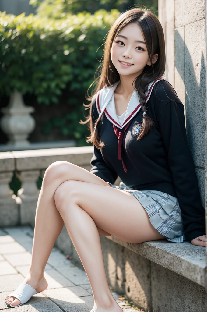 Pure Japanese school girl, natural body, beautiful legs, wearing loose casual uniforms, natural hair styles, sweet smile, sitting relaxed mood, sweet temptation, sexual attractive, refreshing in early summer morning, professional portrait photography,