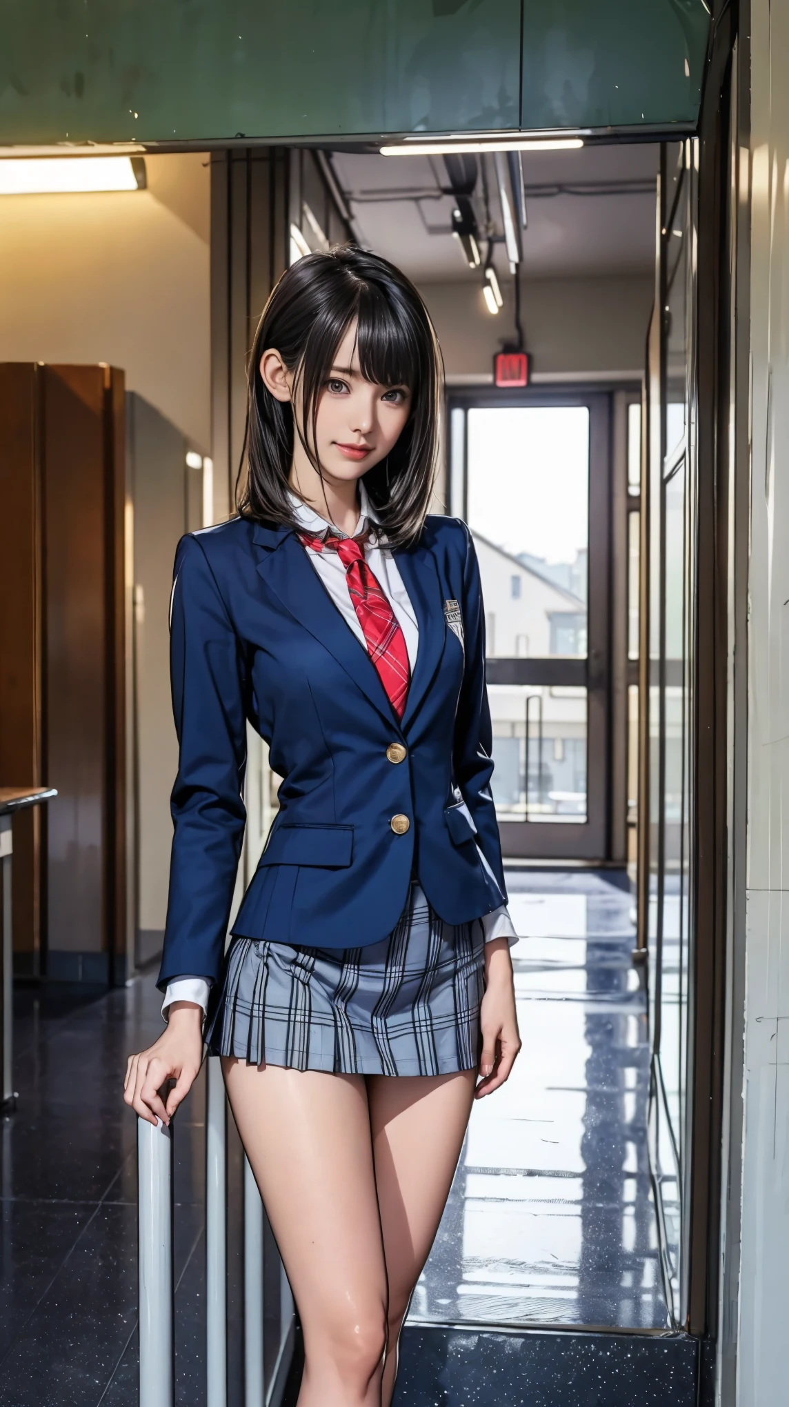 ((masterpiece)),(((Highest quality))),Thin thighs,Long legs,Girl standing in school corridor,Red Tie Uniform,Dark Blue Blazer,Blue plaid skirt,18-year-old,bangs,A small smile,Random Pause，pretty girl，Slender girl，