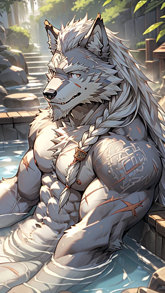 (masterpiece),(highres),(intricate details:1.4),extremely detailed,(illustration:1.2),8k,photorealistic,Anime headshot,exquisite,solo,aged,elder male wolf,grey fur,muscular,general,(naked upper body:1.4),(white hair:1.3),long hair,braided hair,long white beard,scar,naked,in the hot spring,relaxed ,smiling face 