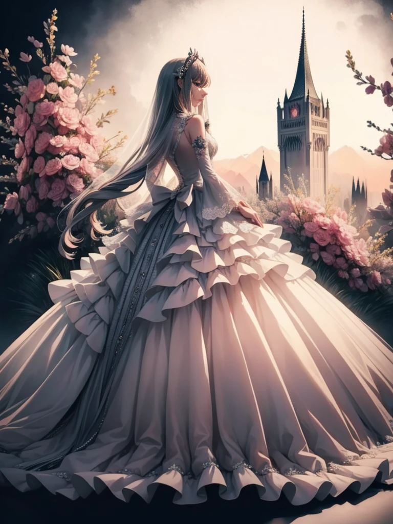 (Extremely delicate and beautiful:1.5),A Russian girl in her early 20s with ash grey hair, standing on your feet, solo, full body,Sweet face,Light smile,By bangs, Gemstone eyes, Contre-Jour,Long curly hair, Gothic-ta dress, Keep one's mouth shut, seen from the side, lanterns, light particules, longer sleeves, looking at viewert,pink bows, The background is filled with seven colors, The face is dense((must)), Masterpiece
