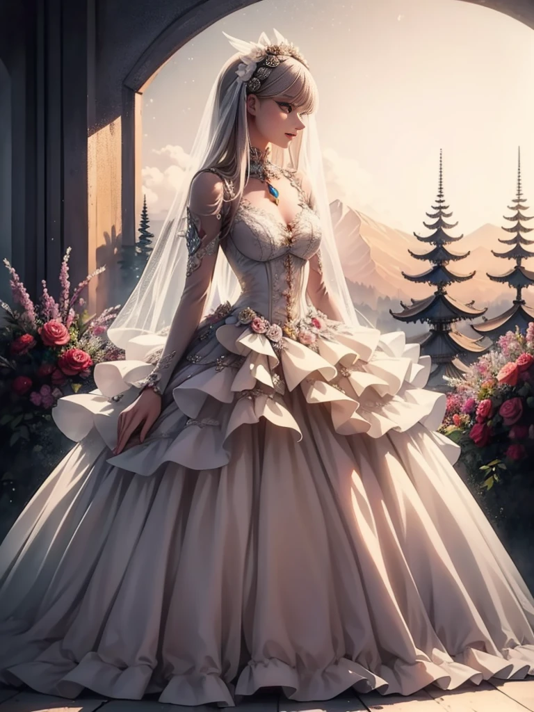 (Extremely delicate and beautiful:1.5),A Russian girl in her early 20s with ash grey hair, standing on your feet, solo, full body,Sweet face,Light smile,By bangs, Gemstone eyes, Contre-Jour,Long curly hair, Gothic-lolita dress, Keep one's mouth shut, seen from the side, lanterns, light particules, longer sleeves, looking at viewert,pink bows, The background is filled with seven colors, The face is dense((must)), Masterpiece