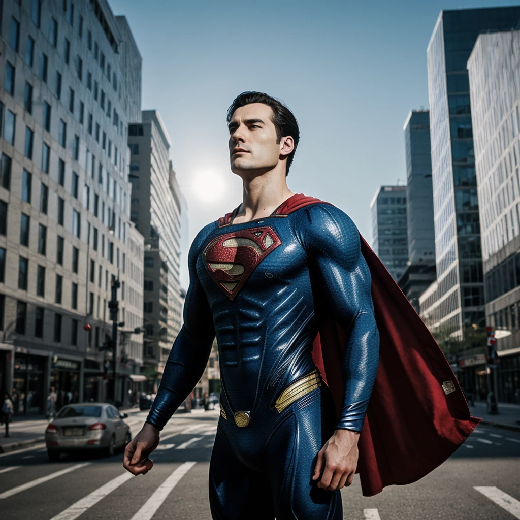 cinematic shot, realistic superman with detailed dark blue padded suit with line texture and red cape, shadows, specular, sunny day in the city streets, traffic, 4k high resolution
