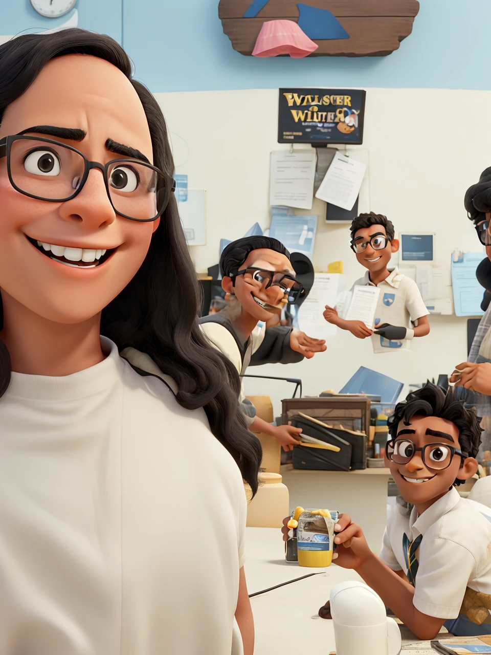 A nerd with a slightly square head and straight black hair with black glasses smiling and the name of the Disney film being: "Wilton"