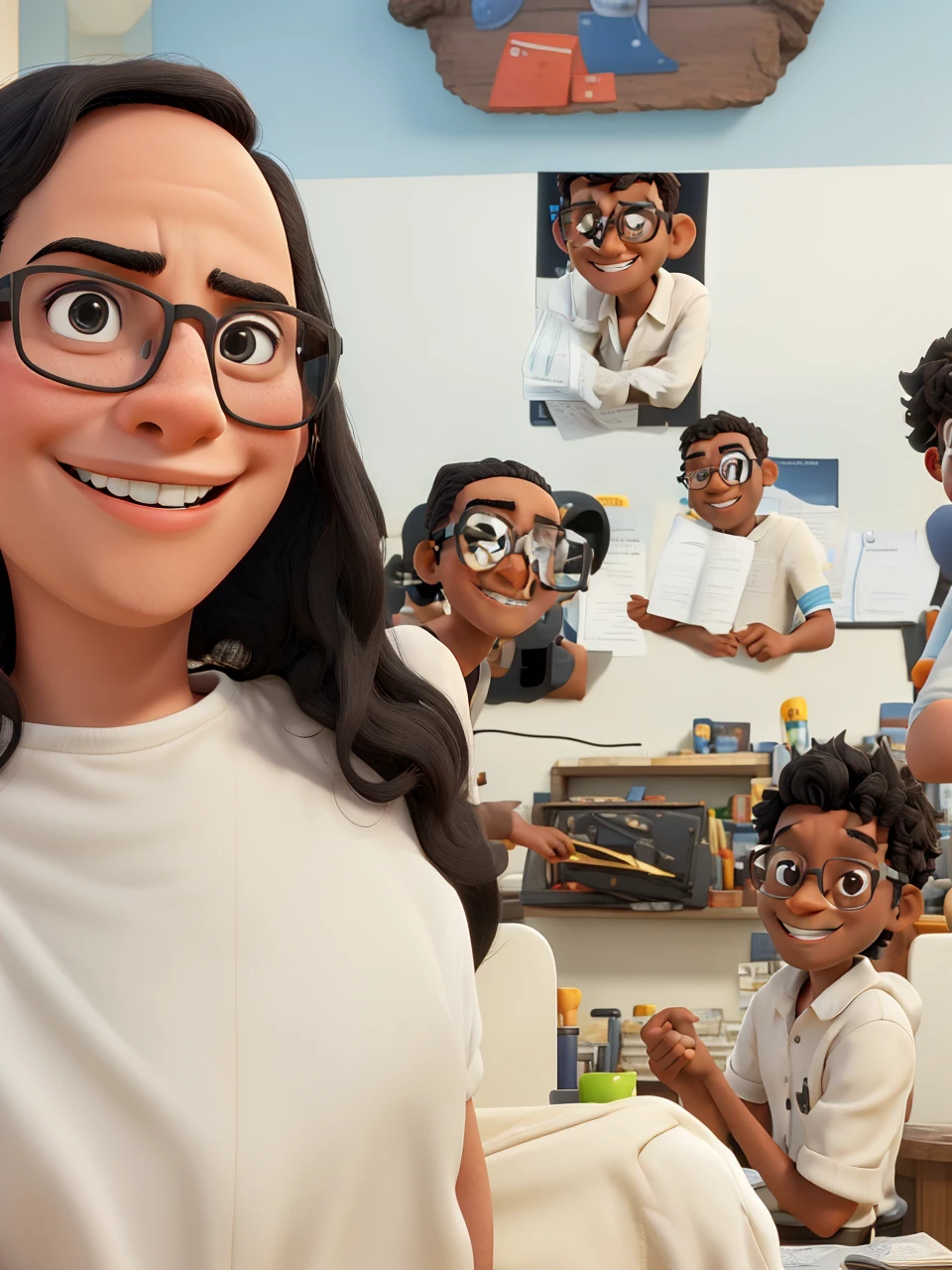 A nerd with a slightly square head and straight black hair with black glasses smiling and the name of the Disney film being: "Wilton"