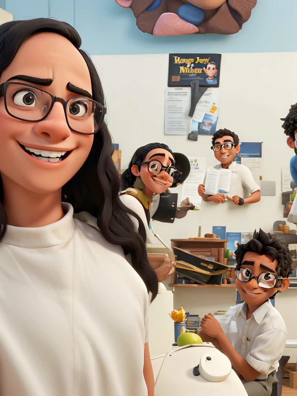 A nerd with a slightly square head and straight black hair with black glasses smiling and the name of the Disney film being: "Wilton"