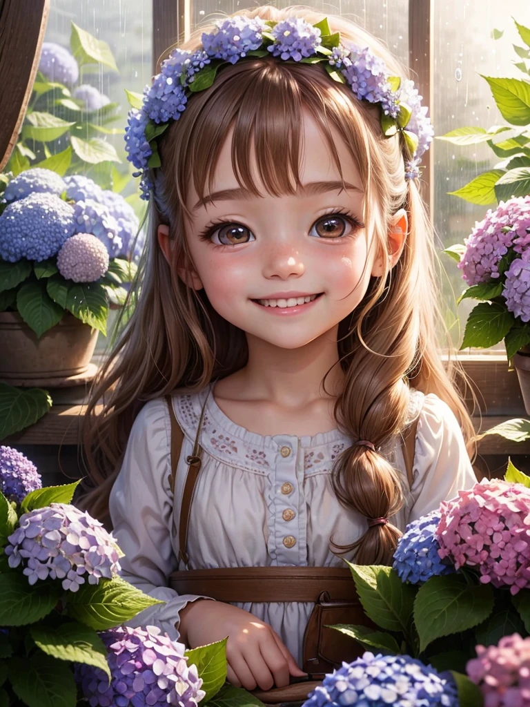 The best picture quality, a fairy tale world, an adorable little five-year-old girl smiling happily, startlingly large shining eyes, long eyelashes, chestnut hair, , friendly and bright smile, hydrangeas blooming outside the window in the pouring rain,