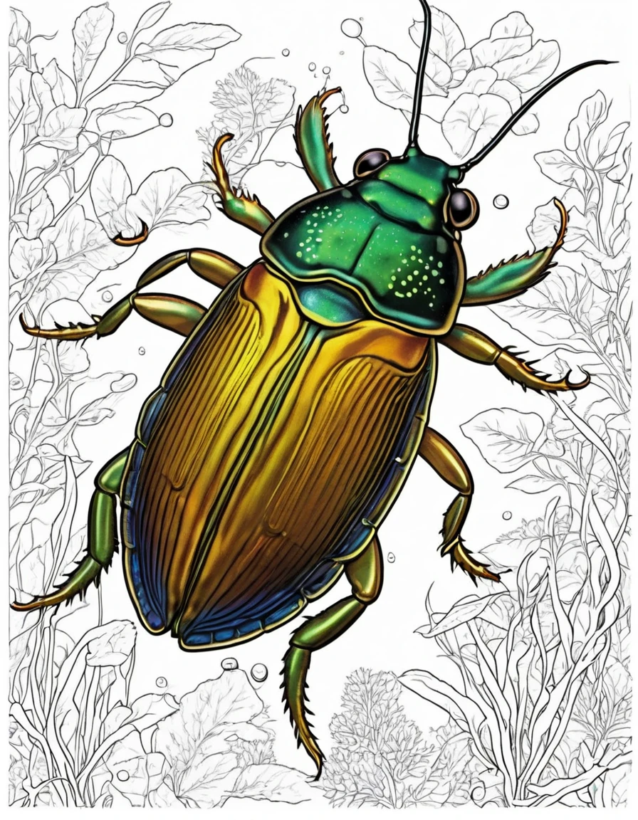 Japanese predacious diving beetle, white background, 5-6 year olds will love this coloring book,