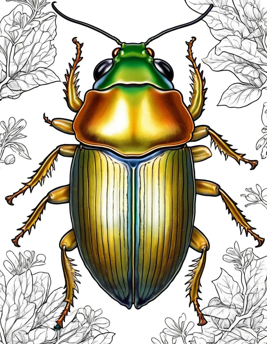 Japanese predacious diving beetle, white background, 5-6 year olds will love this coloring book,