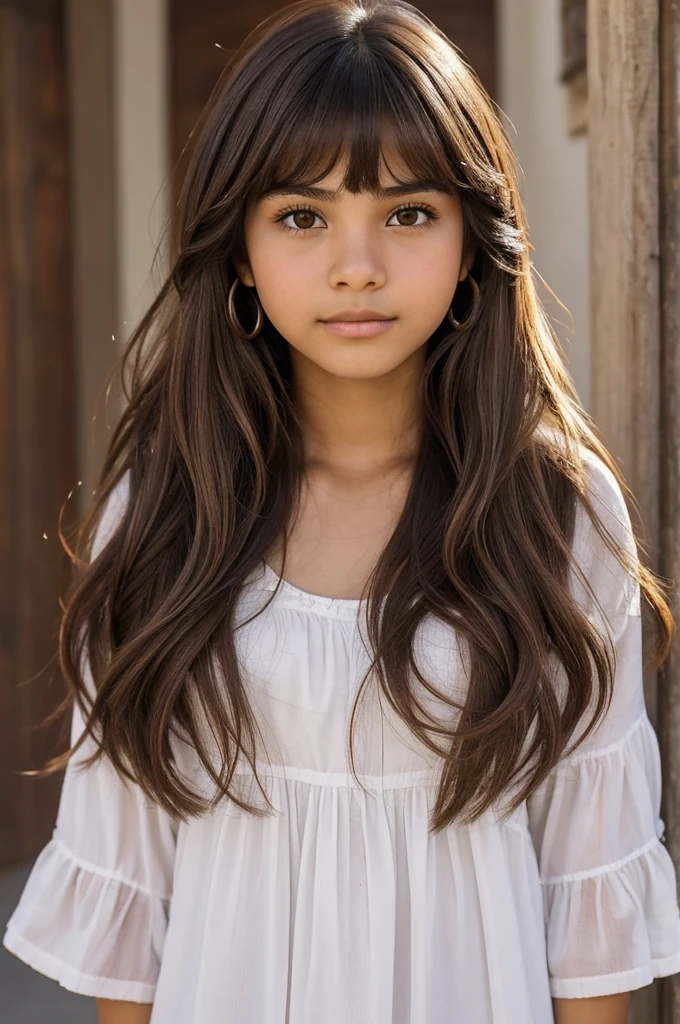 A Mexican teen (specifically is from Monterrey City (basically a northern)), skin between white and light brunette, brown medium long and a little waved haired with long courtains bangs, brown eyes almond shaped, short stature (1.48 m (4'85 ft)), and a little round face shaped