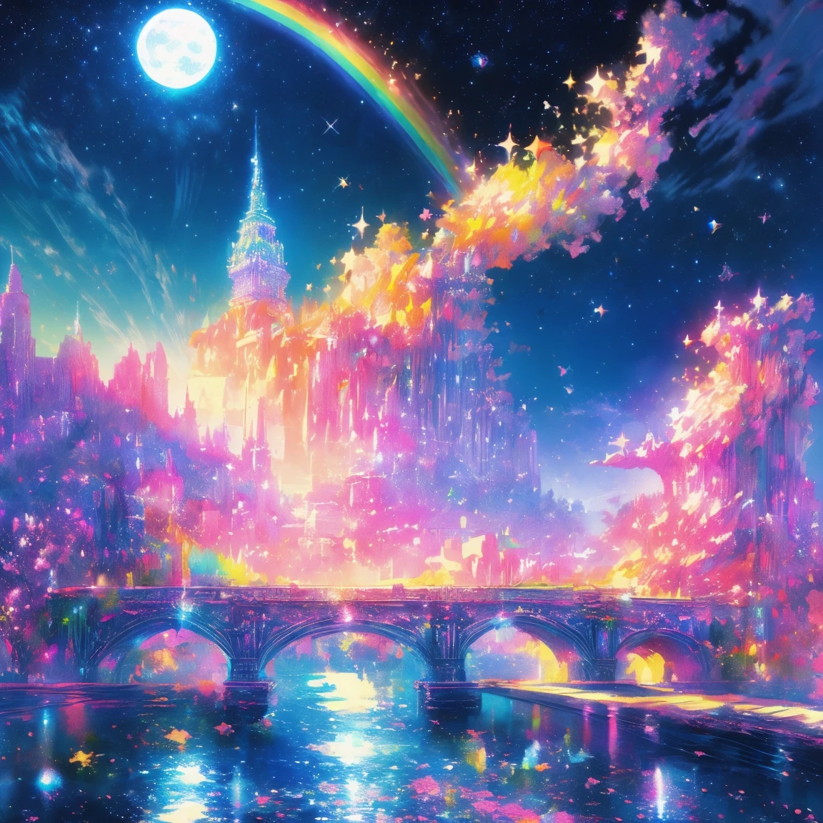 metropolitan、Colorful Metropolitan Museum of Art、River painting with stars and moon in rainbow sky、the met、Shining skyscrapers、Shine across the board、Skyscrapers、Concept art inspired by Mitsuoki Tosa、pixiv contest winners、top-quality、Fantasyart、beautiful anime scene、Bright moon、Moonlit star environment、Dream painting、Anime Background Art、Fantasy landscape art、fantasy knight、anime backgrounds、background artwork、Fantastic art、atmospheric anime、starrysky、Detail has been enhanced。