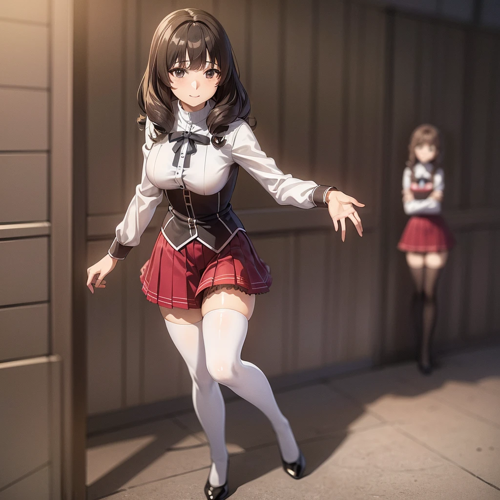 a masterpiece of two identical twin girls with curly brown hair, hazel eyes, and matching school uniforms with sexy lace accents, ribbons, and rainbow short skirts, wearing white thigh-high socks and black high heels, posing together with a seductive smile, flat color background, full body, ultra-detailed, (best quality,4k,8k,highres,masterpiece:1.2),ultra-detailed,(realistic,photorealistic,photo-realistic:1.37)