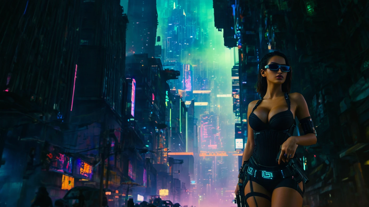 dark futuristic landscape, at night, neon lights, Atmospheric fog, large buildings in the background, futuristic city, busy streets with open shops, Ruined buildings, skyscraper (postapocalyptic city:1.3). at night, (((Matrix style cascading code))), (1woman, solo, perfect body), photo realistic, (large-breast:1.1 slim body, cleavage), (((tube top, extreamly short pleated (((((miniskirt))))) exposing panty))), (((((((matrix style black sunglasses))))))), (((((((sprinting with a (pistol), looking at camera))))))), (((half-body (thigh level) medium shot))), cinematic lighting.