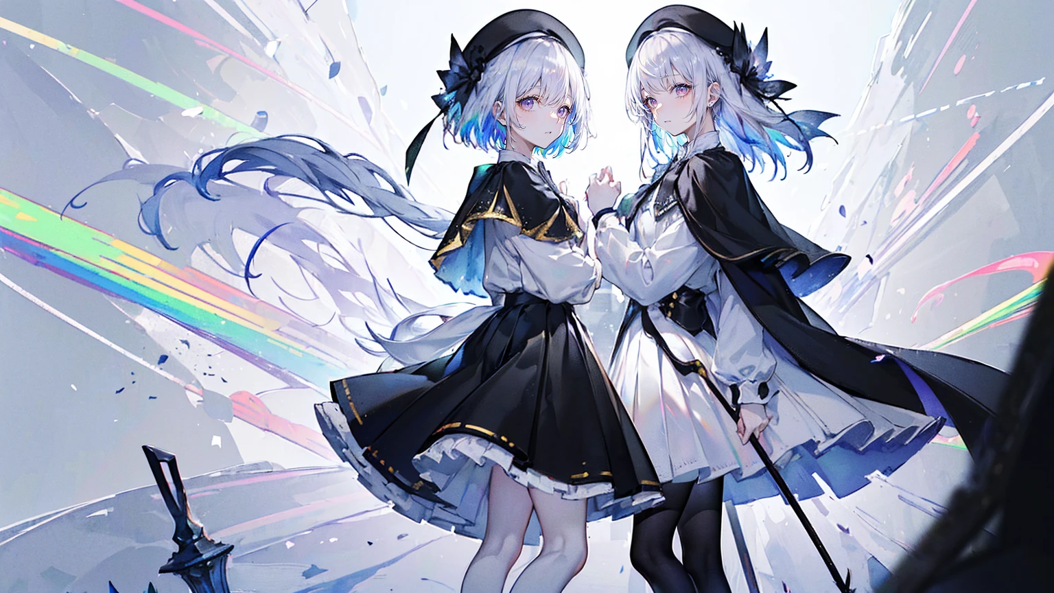 (Super detailed)),((illustration))，((masterpiece)),(((need))),((fine、Highest quality CG Unity 8K wallpapers，masterpiece），（（4K，masterpiece，best quality）），rainbow发的大概16岁的少女，flat chest，short hair，Gold and silver eyes，Golden Apprentice Uniform，Black short cape，Berets，Black shoes，Paint flowing under your feet，White Silk，White short skirt covered with paint，Monocle，The walls are covered with self-portraits，身边有rainbow，phantom，Exhaustion，Overworked，There is a huge drawing board in front of me.，In a white room，Paint condensed in the air，rainbow，individual，Full body picture