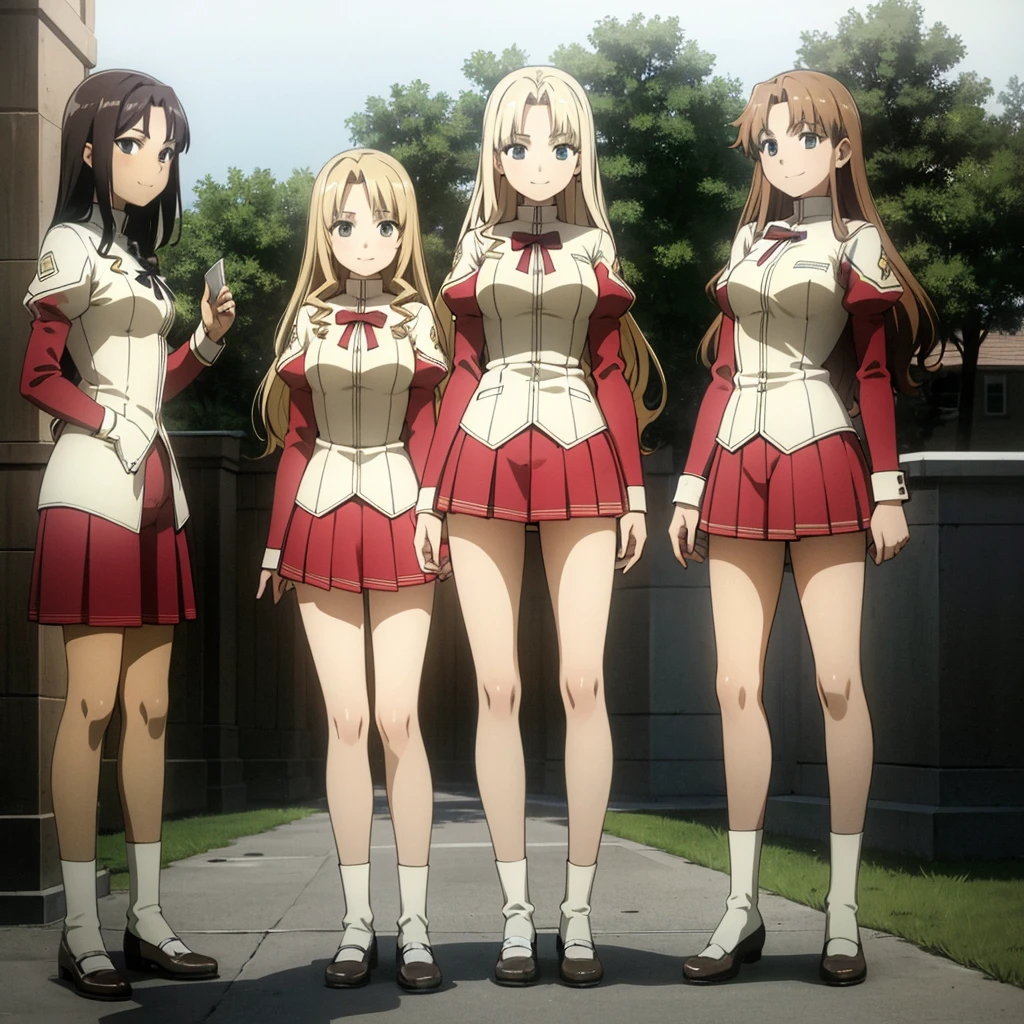 masterpiece, high quality, 4 girls, 4 sisters, blond hair, curly hair, brown haired sisters, blond sisters, different hair colors, hazel eyes, medium bust, matching clothing, uniforms, smiling, flat_color, same height, organized pose, back to back