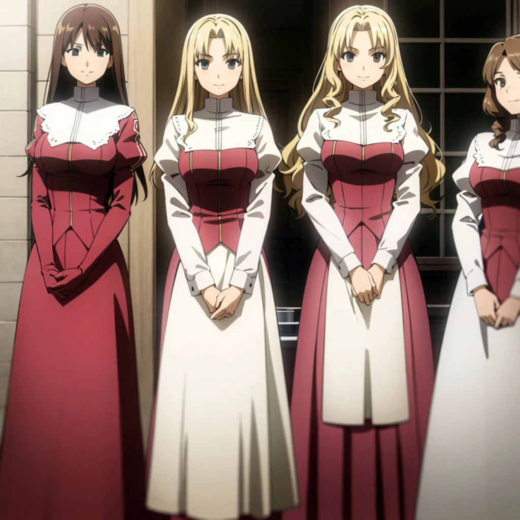 masterpiece, high quality, 4 girls, 4 sisters, blond hair, curly hair, brown haired sisters, blond sisters, different hair colors, hazel eyes, medium bust, matching clothing, uniforms, smiling, flat_color, same height, organized pose, back to back