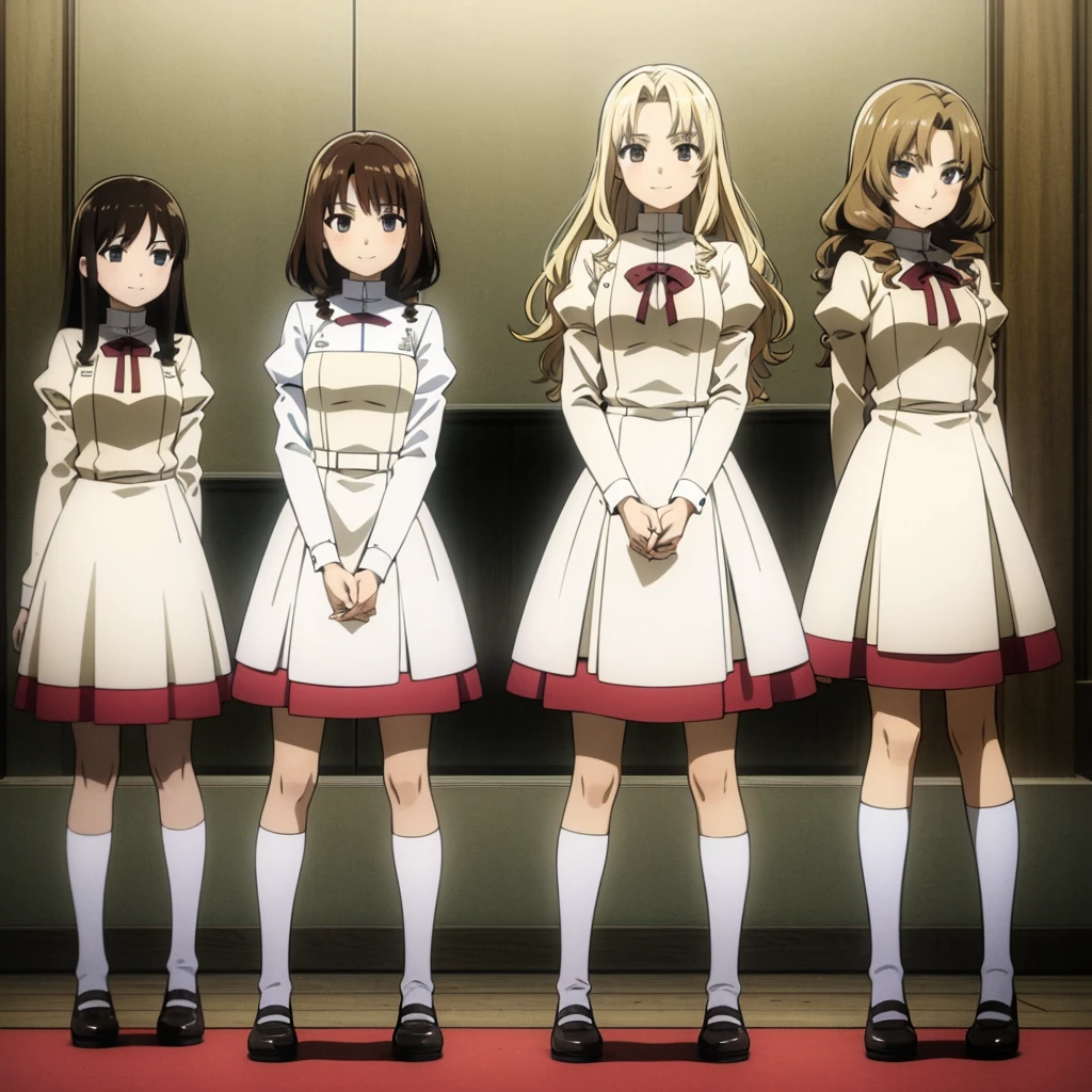 masterpiece, high quality, 4 girls, 4 sisters, blond hair, curly hair, brown haired sisters, blond sisters, different hair colors, hazel eyes, medium bust, matching clothing, uniforms, smiling, flat_color, same height, organized pose, back to back