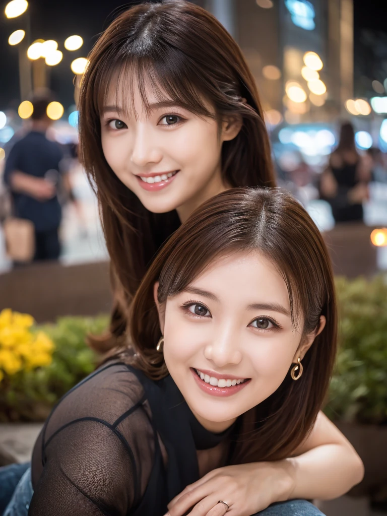 8k, (Raw photo:1.2), (Photorealsitic), Beautiful detailed, pretty Japanese women、 (Real: 1.4), extremely detailed eye and face, beatiful detailed eyes, ((Dazzling night illumination plaza:1.2)), ((Women's Suits:1.3, Ultra-realistic pantyhose:1.2))、selfee、Instagram、harsh trial、huge filesize, hight resolution, ighly detailed, top-quality, [​masterpiece:1.6], illustratio, ighly detailed, nsfw, finely detail, top-quality, 8k wallpaper, Cinematographic lighting, 1 milf, 19 year old, perfect body, Beautiful big drooping eyes, ((masutepiece)), Best Quality, eye shadow,  high-heels、Portrait、(Very affectionate smile:1.2)、realistic skin textures、shinny skin、Exposed thighs, low angle photo, full body shot,