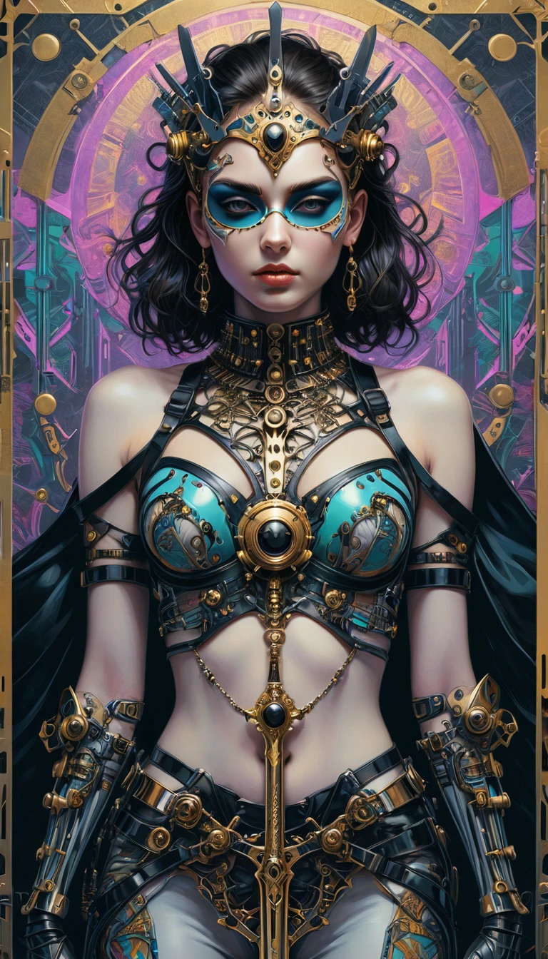 tarot card, chiaroscuro technique on sensual illustration of an queen of sword, a teenage fashion model wearing an exo-skeleton mask, vibrant colors, futuristic cyberpunk style, intricate details, cinematic lighting, dramatic pose, an elegant complex bio mechanical onyx and gold, intricate details, official art, unity 8k wallpaper, ultra detailed, beautiful and aesthetic, beautiful, masterpiece, best quality, the most beautiful form of chaos, elegant, a brutalist designed, vivid colours, romanticism, atmospheric