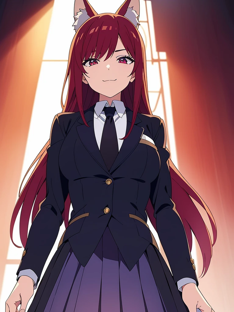 1girl ,solo,20s,mature female,red hair,long hair,fox ears,(white background),shirt,black standard tie,blue blazer,long sleeves, black pleated skirt,(upper body),squinted eyes,:), smile,from below