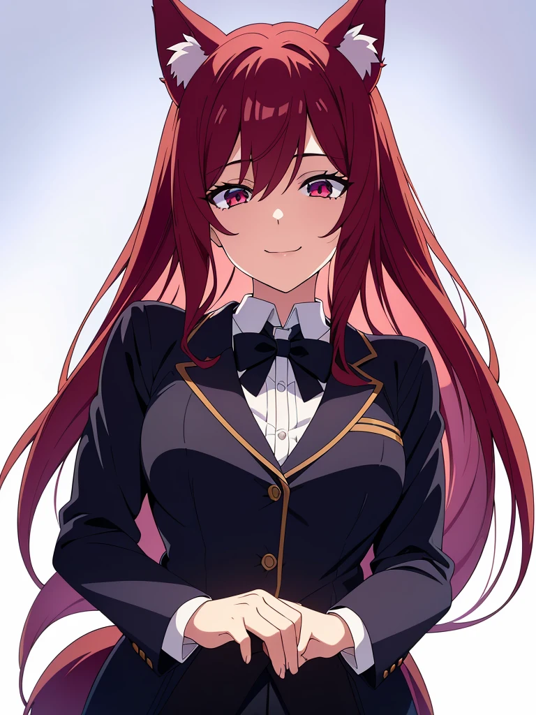 1girl ,solo,20s,mature female,red hair,long hair,fox ears,(white background),shirt,black standard tie,blue blazer,long sleeves, black pleated skirt,(upper body),squinted eyes,:), smile,from below