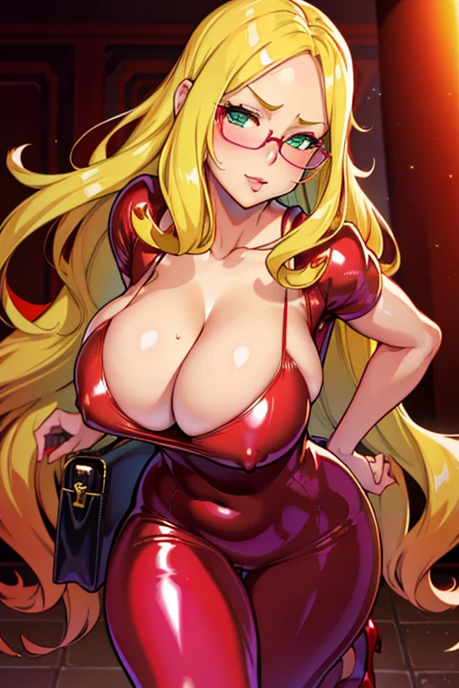 blush, smileglowing aura, natural light, masterpiece, glossy skin, juicy lips , ,y, hot, , clevil,juicy lips, bimbo, hours, blonde hair, wide eyes, green eyes, massive , dark lighting, long hair, pink bow, platform shoes, bow in hair, golden round glasses, sandy blonde hair, no hair on forehead, no fringe, juicy lips, red latex dress, black tights, black bag, (((disgusted)))