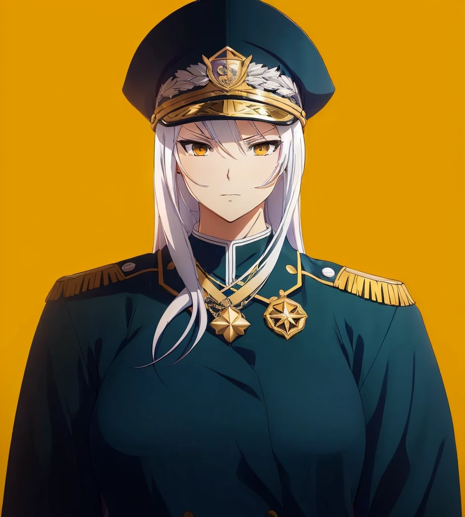 (1girl:1.3), (exceptional, best aesthetic, new, newest, best quality, anime, waifu:1.2), master piece, best quality, ultra detailed, absurdres, highres, colored, good anatomy, long silver hair, serious face, woman breast, sexy, military uniform, peak cap, insignia, medals, ribbons, 