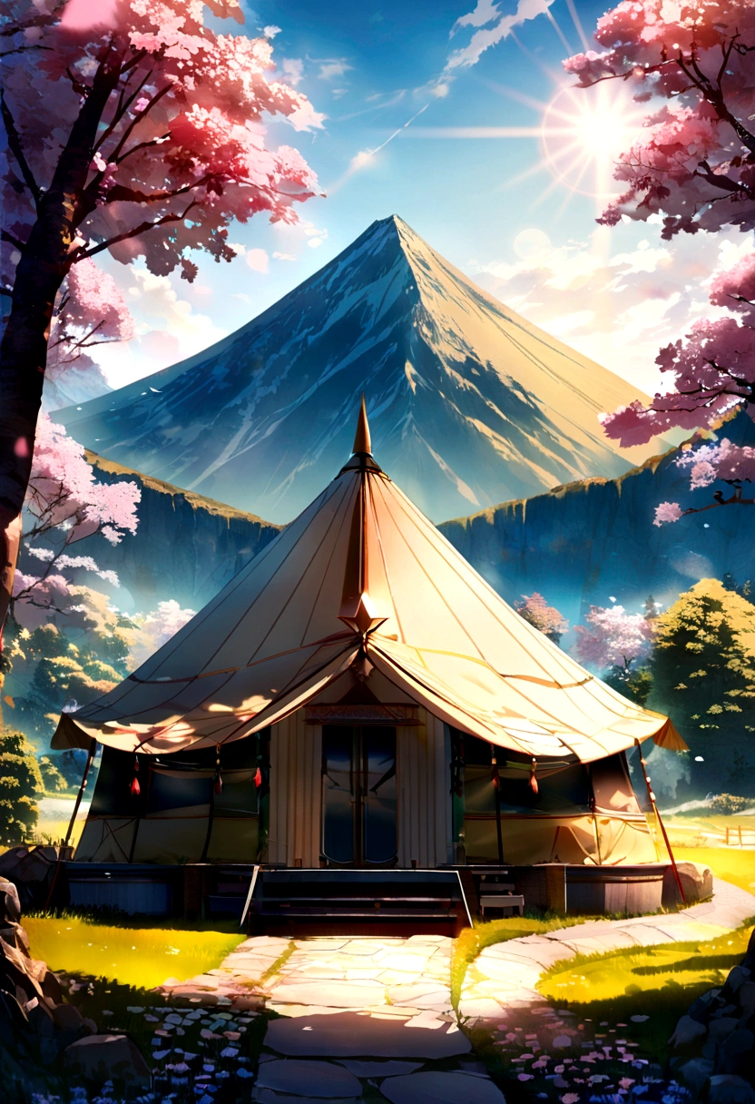Halfway up the mountain,On the right is the tunnel tent,There is a lake under the mountain,In the distant background is a large mountain,The morning sun hit the tent,There are several cherry blossom trees next to the tent,Faraway view,Beautiful,artistic conception