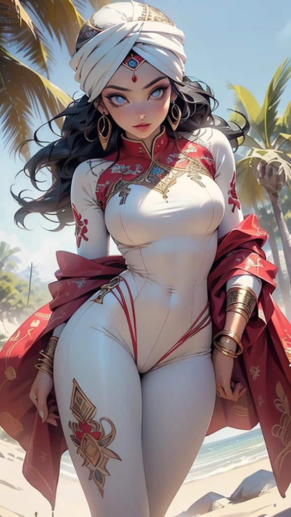 Best quality,masterpiece,ultra high res,(photorealistic:1.4) 1girl,orange thong, weapon,sword,long hair,black hair,ponytail,pointy ears,dark skin,large breasts,white background,solo,blood,arm guards,night desert background,blood on weapon,looking at viewer,blue eyes,tabi,floating hairfull body,red, orange, yellow, upper body, uchikake (wedding kimono),arms up,