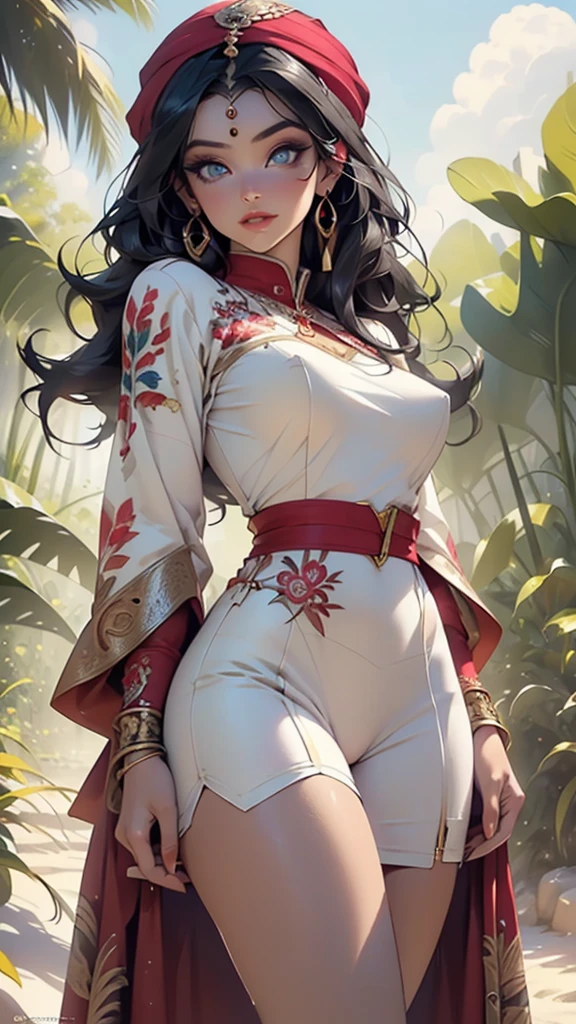 arabian girl,1girl,

(large breasts:1.4),((((long dark hair,dark hair,black hair,colored inner hair)))),(((blue_eyes:1.3))),intricate eyes,beautiful detailed eyes,symmetrical eyes,((((lustrous skin:1.5,tanned skin,bright skin: 1.5,skin tanned,shiny skin,very shiny skin,shiny body,Reflective skin)))),(spider lower abdomen,narrow waist,wide hip,athletic body,inflated legs,thick thighs,delicate detailed fingers,(detailed face)),beautiful detailed lips,

cute,slutty,sensual,seductive look,seductive,((erotic)),opulent,sumptuous,((nsfw)),

((((sikh woman warrior)))),arabian accessories,(arabian jewelry in her arms),earrings,(((eyeshadow,arabian makeup,eyelid makeup))),(((silver coat of mail))),(((red clothes,red outfit,wet clothes,intricate outfit,embroidered outfit,ornate outfit,intricate cloth,embroidered cloth,ornate cloth))),

(dynamic pose:1.3), looking at viewer,embarrassed,centered,scale to fit dimensions,Rule of thirds,

outdoors,(dune desert,dune desert background,pyramids in the background),scenery,extremely scenery,clouds,Egypt style,(sunset, golden hour),

(Glossy Egyptian ornaments),highres,sharp focus,(ultra detailed,extremely detailed),(photorealistic artwork:1.37),(extremely detailed CG unity 8k wallpaper),(((vibrant colors,vibrant theme))),(intricate),(masterpiece),(best quality),artistic photography,(photography taken by sldr),(intricate background),perfect rendered face,perfect face details,realistic face,photo realistic,((intricate detail)),(((realism))),
