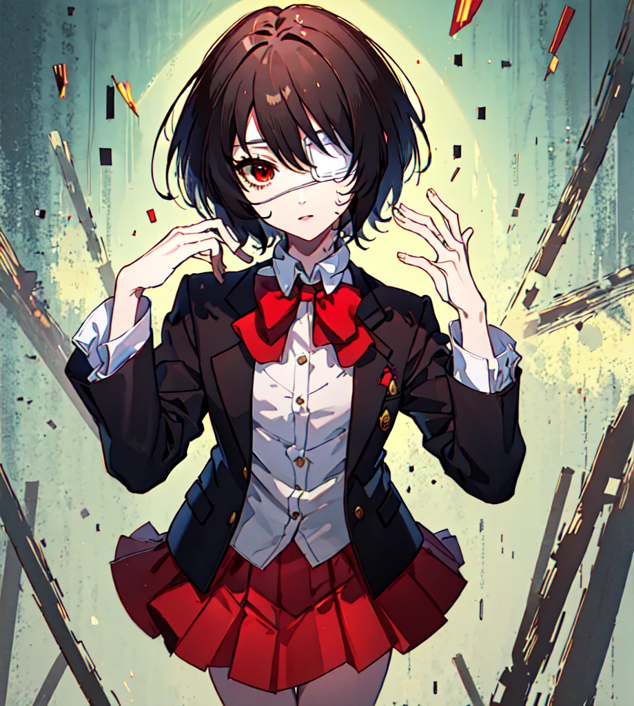 masterpiece, best quality, ultra-detailed, absurdres, colorful, 1girl, solo, detailed eyes, wide-eyed, eyelashes, looking at viewer, (upper body:0.7), misaki mei, medical eyepatch, standing, solid red eyes, blue skirt, black hair, jacket, long sleeves, expressionless, red bowtie, hair over one eye, horror, short hair, classroom, hand up, detailed background, particles, (ai-generated), 