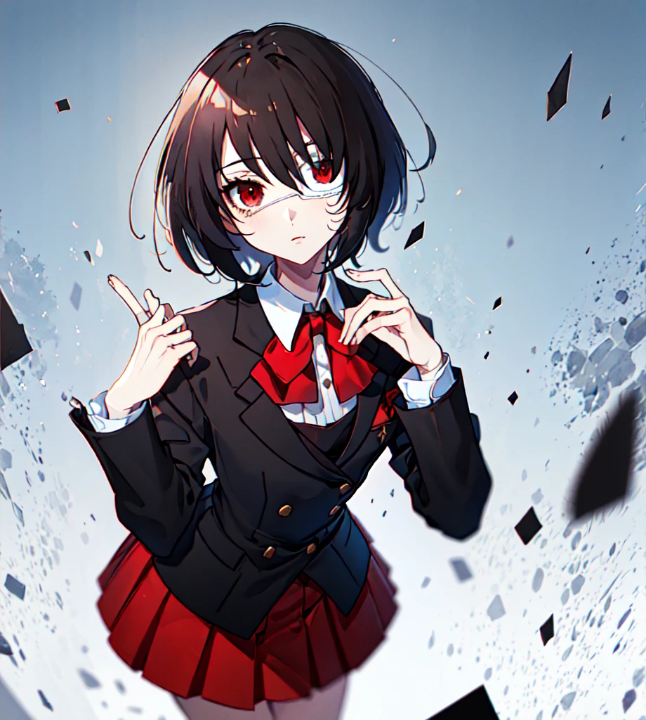 masterpiece, best quality, ultra-detailed, absurdres, colorful, 1girl, solo, detailed eyes, wide-eyed, eyelashes, looking at viewer, (upper body:0.7), misaki mei, medical eyepatch, standing, solid red eyes, blue skirt, black hair, jacket, long sleeves, expressionless, red bowtie, hair over one eye, horror, short hair, classroom, hand up, detailed background, particles, (ai-generated),